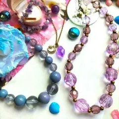 ★５品★【青い海に唄う人魚】天然石アメジストブレスレット★青＆紫ネックレスセット
