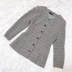 M0015 【ロペ】 グレンチェック柄ノーカラージャケット 日本製 毛100%のサムネイル