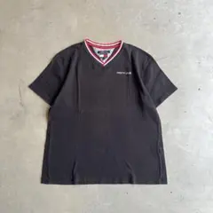 90s Tommy Jeans リンガーコットンTシャツ 刺繍ロゴ L ブラック