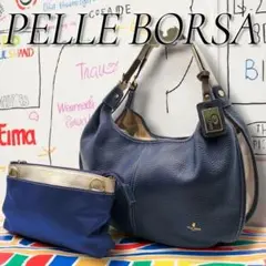 極美品✨ペレボルサ トートバッグ シボ革 ハンド ポーチ付き 青 白