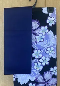 【レトロ花柄】　ブラック×ネイビー　浴衣+帯セット