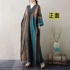 F【新品】秋春　薄手　V字襟　エスニックデザイン　マキシ丈　ゆったり　ターコイズ