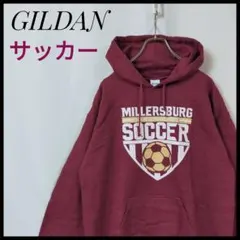 ギルダン　サッカー　パーカー　チームロゴ　Ｍ　裏起毛　スウェット　デカロゴ　古着のサムネイル