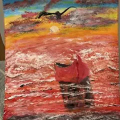 油彩画 夕暮れの海と小舟 抽象画のサムネイル