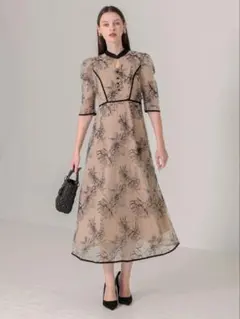 パイピングハイネック花柄ラメレースワンピースドレス結婚式二次会パーティー成人式