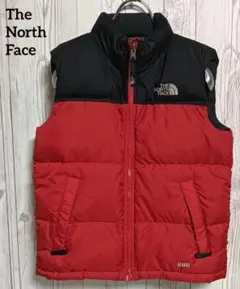 ノースフェイス　ダウンベスト　キッズ130cm 赤黒　600フィル　ロゴ刺繍古着