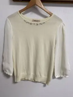 【アプワイザーリッシェ】ビジュー付き　割れ袖ニット　カットソー　シフォン袖