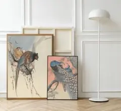 【NO.495】A4☆夫婦の雉の日本画アートポスター☆枝垂桜鳥和柄植物浮世絵和室