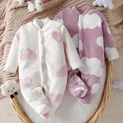 【美品】ベビー服／双子／女の子／50-60／フリース足付きロンパース2点セット