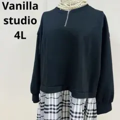 バニラスタジオ　黒ドッキングチェック　ゆったり4L パフスリーブ　フロントジップ