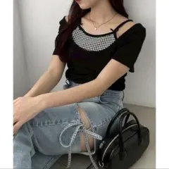 ナイスクラップ レイヤード風リボン付きトップス ブラック