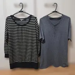 ストライプとビジュー付きトップスチュニック2点セット　訳あり