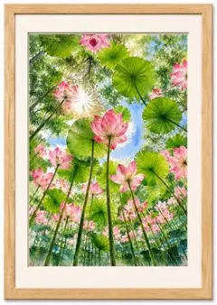 風水 開運 蓮の花と小舟 水彩アート A4額縁付き - メルカリ