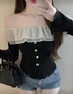 【新品☆】レーストリムカラーブロックオフショルダーフリル裾長袖Tシャツ