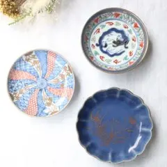 時代　美しい古伊万里小皿3種アソート　龍紋捻祥瑠璃釉　骨董古美術アンティーク