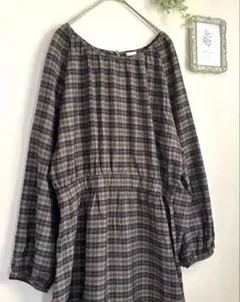 美品★H&M★チェック　ワンピース　ロング　バルーン袖　カーキ　ナチュラル系