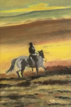 「夕日と騎手」　手描き　油絵　風景画　原画　肉筆　油彩画　印象派