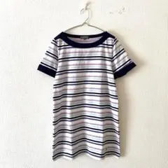 ☆【フィールドドリーム】Tシャツ チュニック ランダムボーダー 綿混 半袖 Lのサムネイル