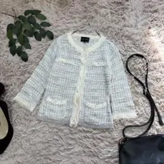 5937✾ボナジョルナータ✾ツイードニットジャケット【S】ベージュ/ノーカラー