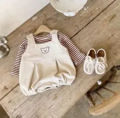 韓国ベビー服 ベージュ くま刺繍コーデュロイサロペット ボーダートップスセット