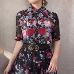 vintage ヴィンテージ レトロ古着 花柄ロングワンピース 黒 半袖 総柄