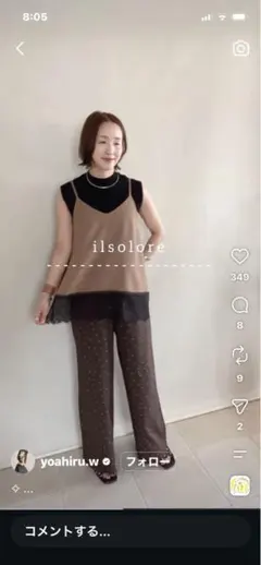 ドット柄 ワイドパンツ ブラウン ウエストゴム