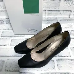 【銀座かねまつ】アクアベル　ブラック　スクエアトゥパンプス　ヒール　22.5cm