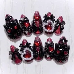 No.706　ネイルチップ 現品 量産型 地雷系 サブカル 平成女児 猫 赤