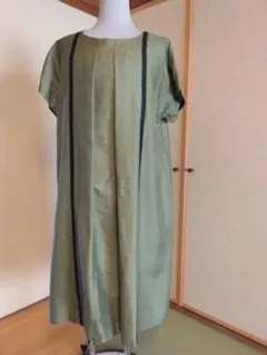 着物リメイク⭐ストライプ入り緑色Aラインワンピース