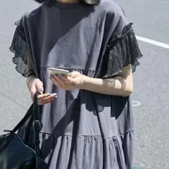 ラメスリーブ配色バックプリントワンピース　Tシャツワンピ　ワンピース　グレー