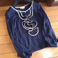 美品　スープ　胸元　フリル　ブラウス　ネイビーのサムネイル