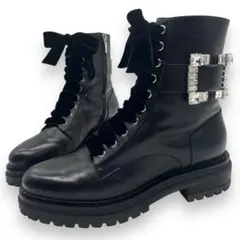 極美品■セルジオロッシ　レースアップブーツ　ベルベットリボン　ビジュートリム