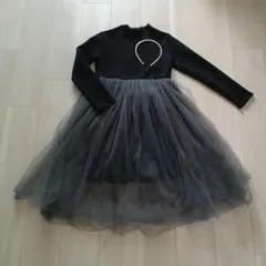 【美品】黒×グレーの長袖チュールワンピース　ドレス