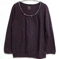 ​襟フリル ボーダー カットソー M 濃紫 ワインレッド ギャザー 裾リブ