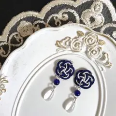 No.6353 水引 ピアス 紺 白 成人式 和装 耳飾り 全長約4.5cm