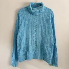 タートルネック ケーブルニット セーター スカイブルー M コットン100%