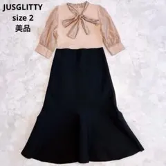 美品 ジャスグリッティー ボウタイロングワンピース ベージュ 黒 Mサイズ