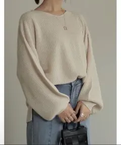 【reedit リエディ】 リブ編みバルーンスリーブニット　ホワイト 白 M