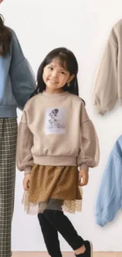 袖チュール裏起毛トレーナー　うすい茶色　花柄　女の子　小学生　プリント