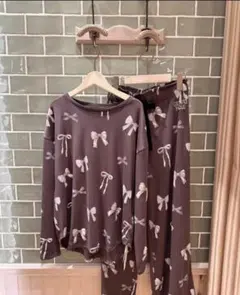 ジェラートピケ　リボン柄上下セット　黒　　7-6