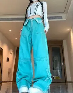 緑 グリーン デニム ワイドレッグデニムパンツ Y2K