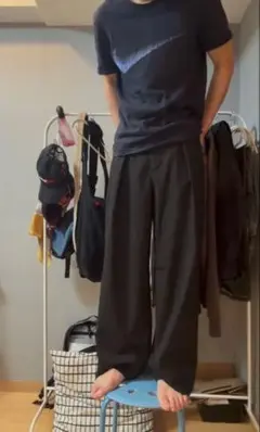 ストライプ柄 ワイドスラックス ブラック