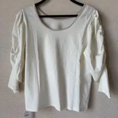 【レトロガール】レディース七分袖カットソーギャザースリーブ綿　アイボリーTシャツ