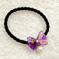 ハンドメイド 紫リボン ヘアゴム　ハロウィン　パール