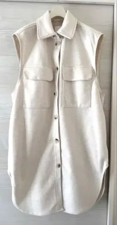 H&M 襟付きロングベストワンピース重ね着ジレホワイト前ボタン羽織り体型カバー