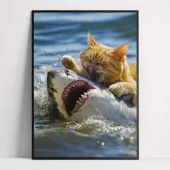 リアル　アート　ポスター　猫と鮫　ペット　ミッドセンチュリー　カフェ　バー　A3