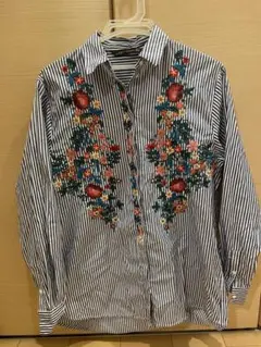 ZARA WOMAN ストライプ 刺繍 長袖シャツ