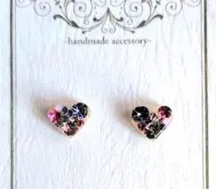 【P-158】 ピアス　ハンドメイド　スワロフスキー パヴェ　ハート　ピンク