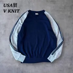 80sアメリカ製Vネックニット　ライン入り　ラグラン　アクリル　Lサイズのサムネイル