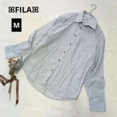 1684 フィラ 長袖ストライプシャツ【M】白×グレー さわやか ロゴ刺繍